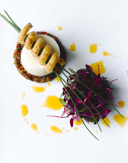 Goat’s cheese flan on mini ratatouille with crispy pink peppercorn twist Goat’s cheese flan on mini ratatouille with crispy pink peppercorn twist
