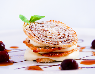 Recipe - Chocolate-flavored puff pastry crisps with fromage blanc and orange cream, cherry and banyuls wine sauce Recipe - Chocolate-flavored puff pastry crisps with fromage blanc and orange cream, cherry and banyuls wine sauce