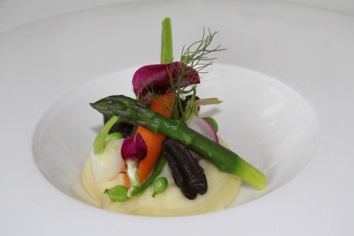 Recipe - Star anise and ginger duck breast, deep-fried duck parcels, black rice with nut-brown butter, bok choy sautéed with sesame seeds Recipe - Snails with fennel, garlic cream, spring vegetables and herb emulsion