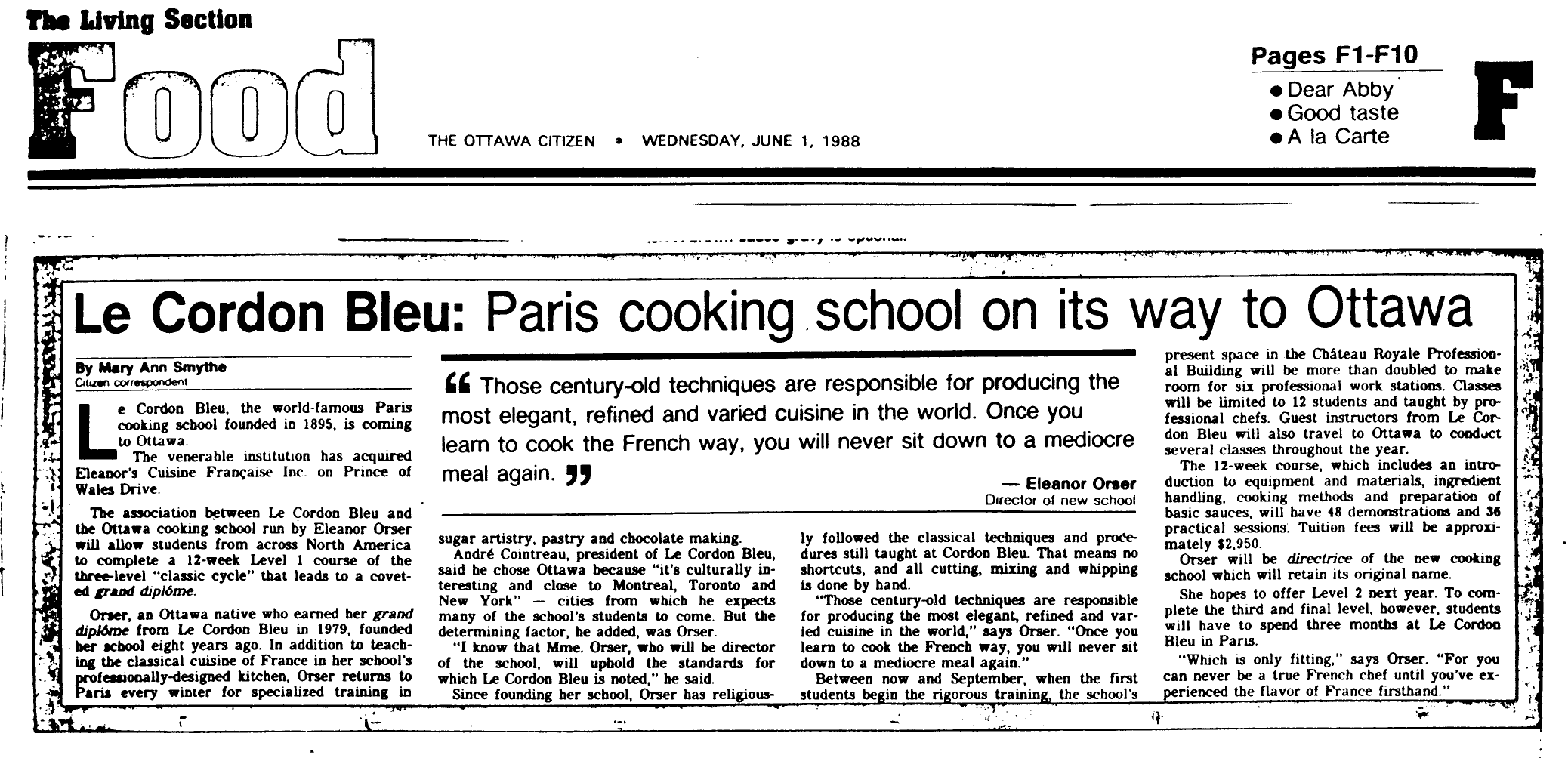 A Newspaper Article Commenting on The Opening of Le Cordon Bleu Ottawa