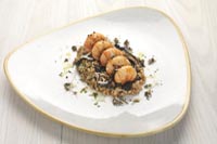 Langoustines glacées à la truffe, risotto d'épeautre aux trompettes de la mort