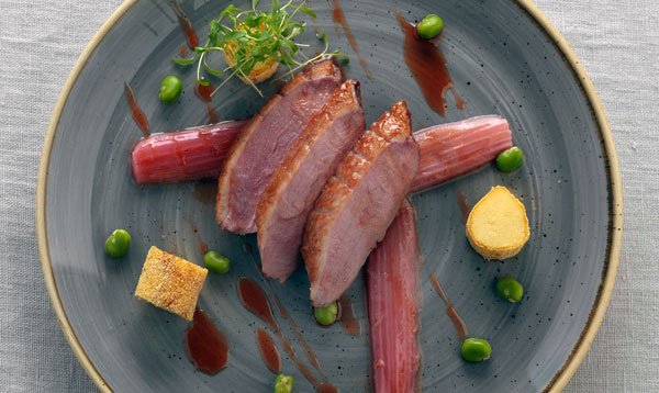 Bittersweet glazed duck breast, crispy polenta, rhubarb