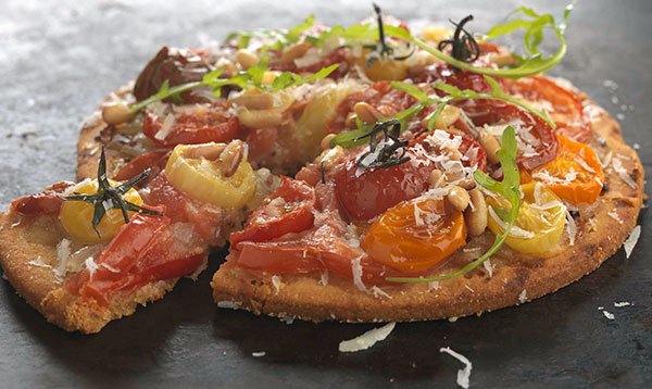 Heritage tomato, honey and mustard onion polenta tart
