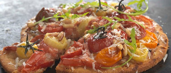 Heritage tomato, honey and mustard onion polenta tart