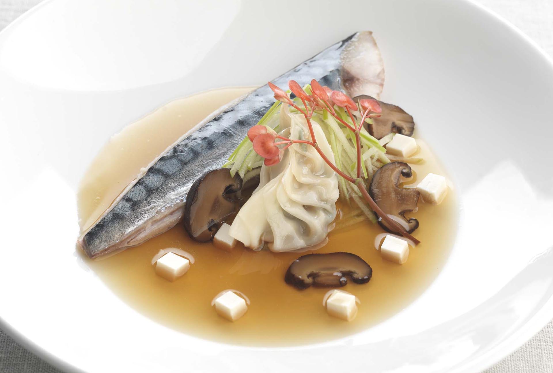 Recipe: Dashi poached mackerel, soy infused shiitake and tofu gyoza, Granny Smith apple