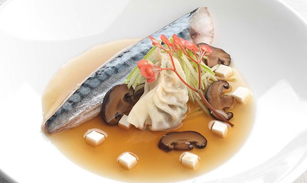 Le Cordon Bleu recipe Dashi poached mackerel, soy infused shiitake and tofu gyoza, Granny Smith apple 