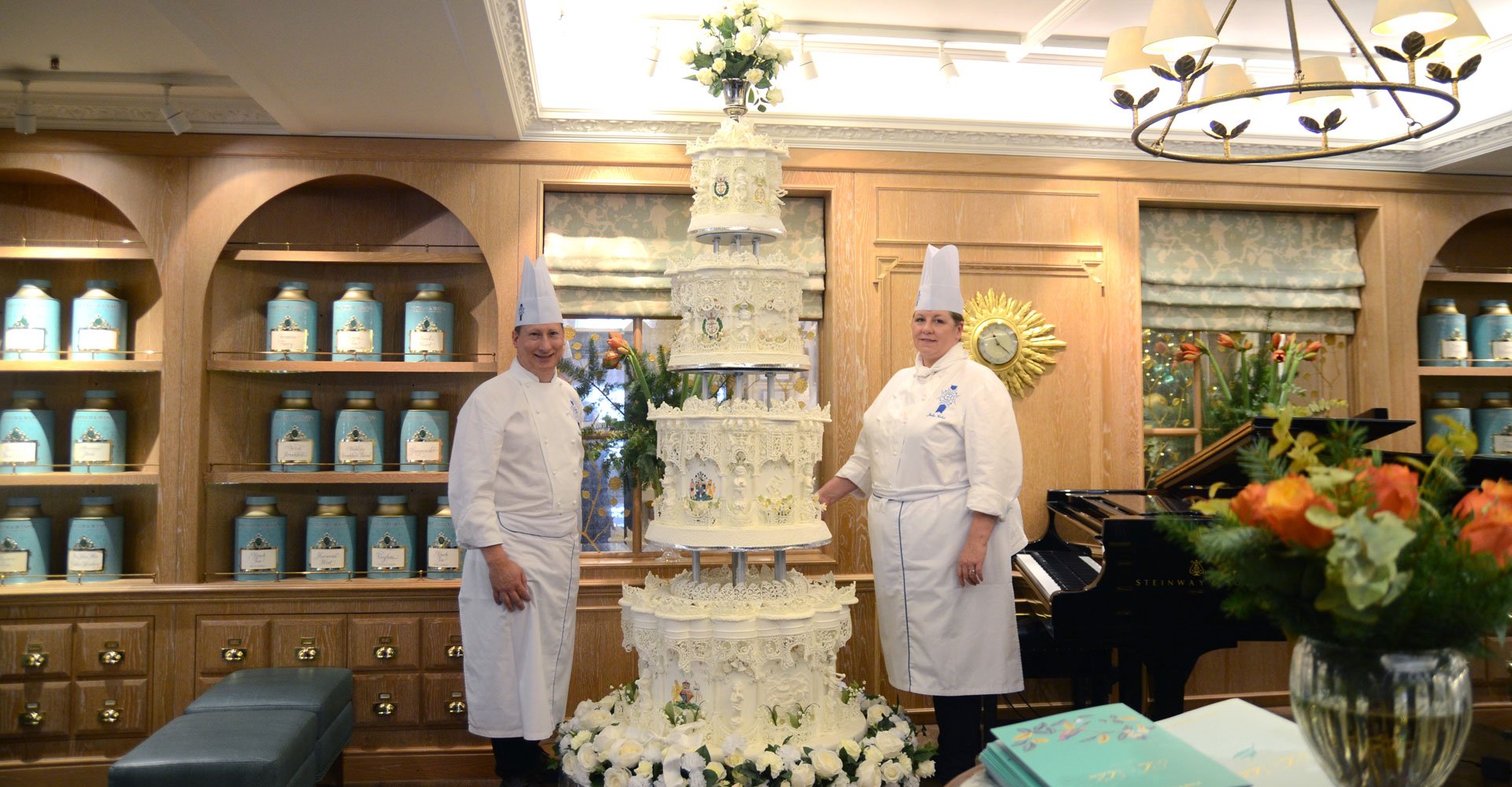 royal wedding cake on display at Fortnum and Mason