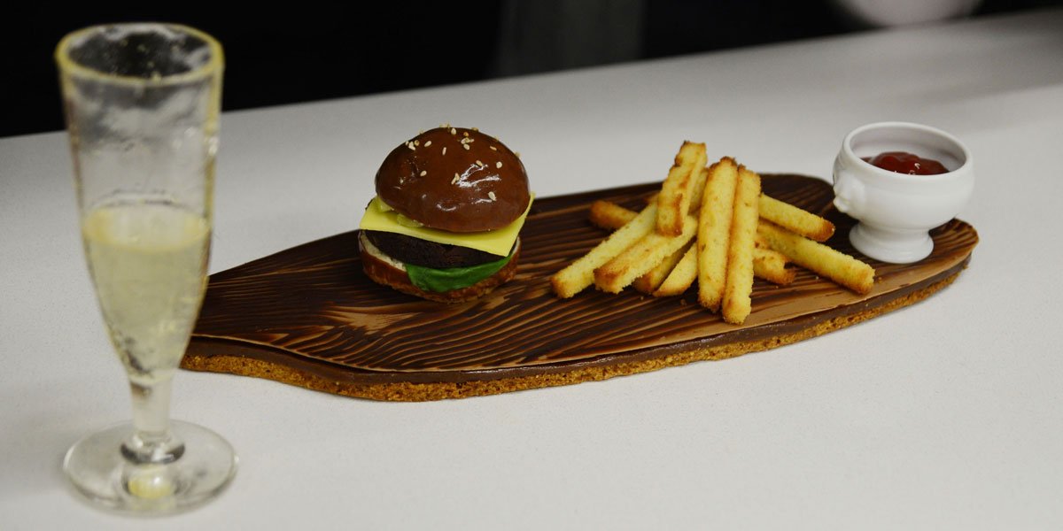burger, chips and champage made with pastry